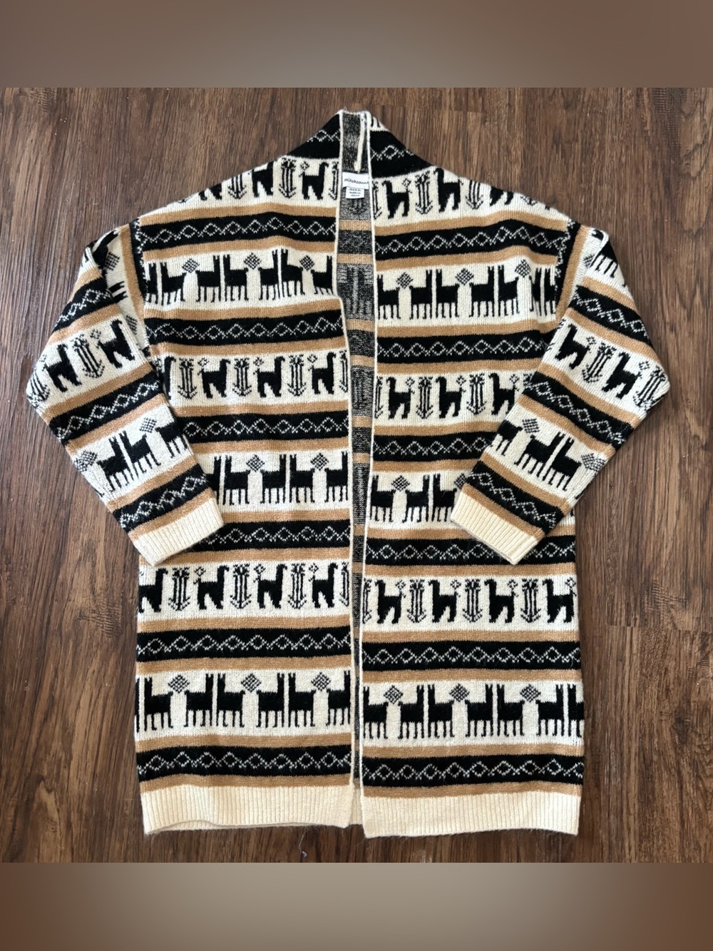Stitchcount XL Llama Print Longline Cardigan Sweater Cream Black Tan